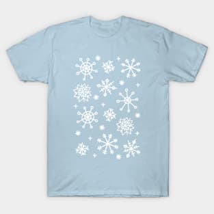 White Doodle Snowflake Pattern on a Light Blue Background, made by EndlessEmporium T-Shirt